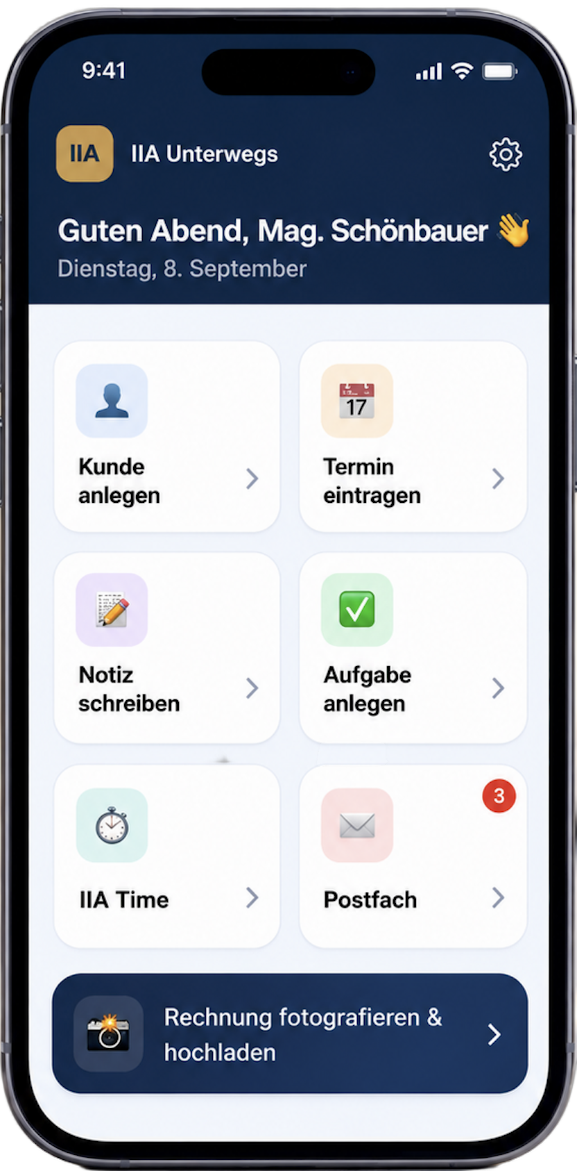 Mobile Ansicht von IIA Unterwegs auf dem iPhone: Kunde anlegen, Termin eintragen, Notiz schreiben, Aufgabe anlegen, IIA Time und Postfach als Kacheln.